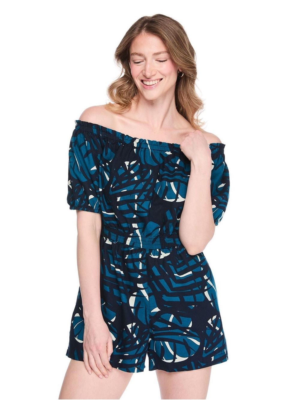 George Off-Shoulder Abstract Print Romper in Teal